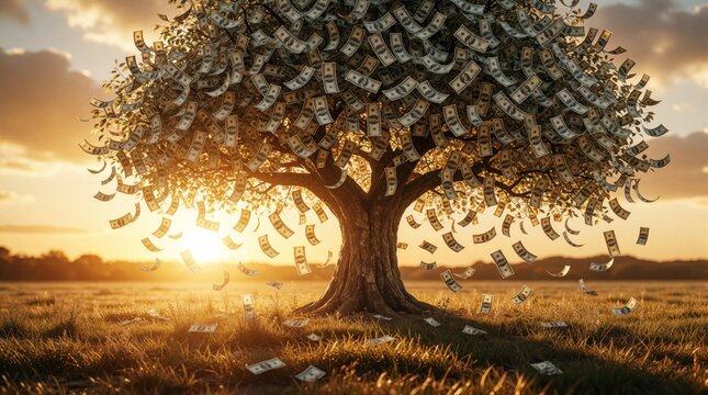 Money tree with dollar bills falling from branches at sunset. Symbolizes financial success and abundance in nature. Cash blossoms from leafy boughs onto grassy field, golden hour light.