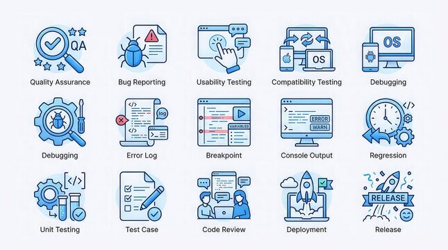 Software testing icons for quality assurance