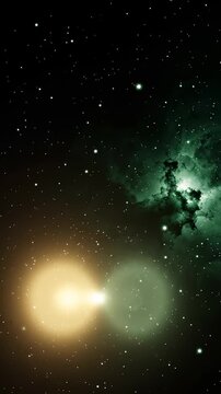 Abstract Space Background With Glowing Golden Light Flare and Green Nebula Clouds