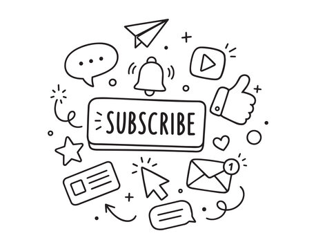 Hand drawn doodle subscribe icon set with social media symbols, bell, paperplane, thumbs up, speech bubbles, stars, hearts, cursor arrow, and playful notification accents
