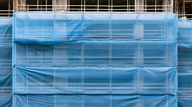 A highrise building under construction wrapped in bright blue safety net scaffolding, showcasing modern architecture development in urban city