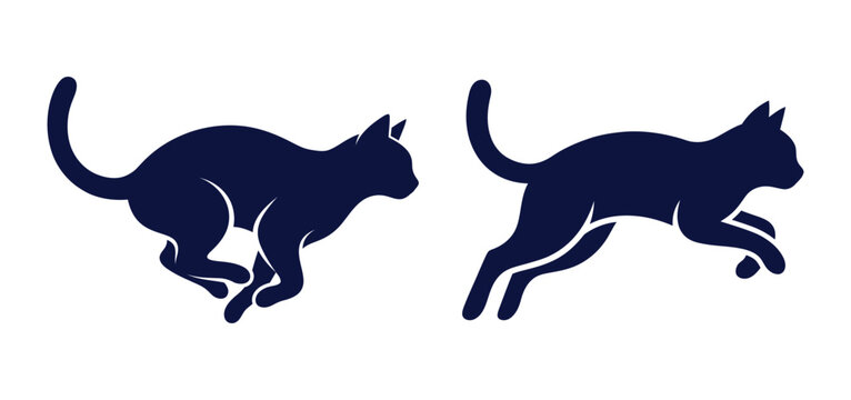 Set of two dark blue silhouettes of a cat running and jumping isolated on a white background
