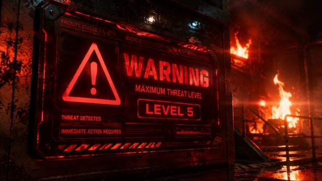 Industrial warning display panel showing maximum threat level five with red alert text and exclamation triangle icons glowing in a burning facility with flames behind