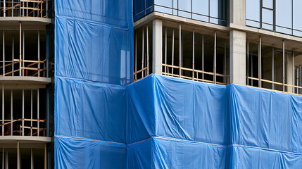 Naklejka premium Modern skyscraper structure under construction with temporary blue protective plastic tarp covering the facade and exposed concrete and metal columns