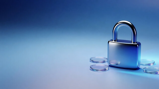 Broken padlock lying on blue gradient background with shattered glass effect
