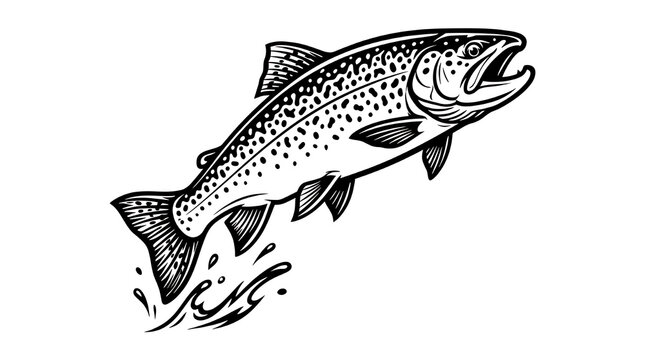 Jumping trout fish illustration, hand drawn salmon sketch for fishing logo or emblem