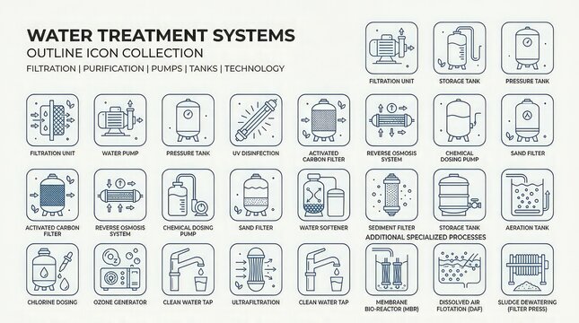 Water treatment systems icon collection