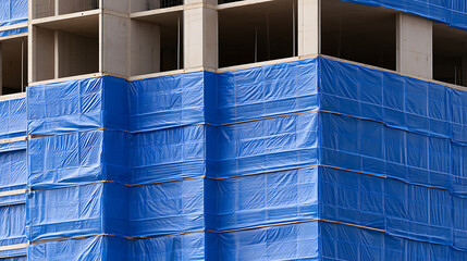 Naklejka premium Modern concrete building under construction with protective blue plastic wrap covering the exterior facade structure for safety and weather