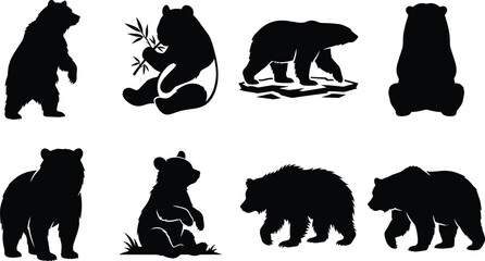 Fototapeta premium Bear Silhouette Vector Set Black Icons Various Poses Wildlife Collection