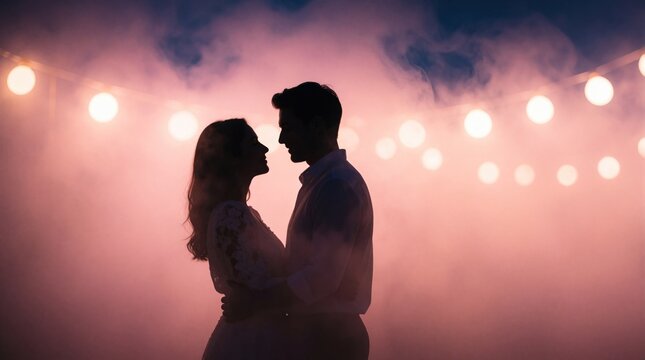Couple embrace in misty pink light. Romantic silhouette with bokeh lights and fog. Tender connection, love and intimacy, atmospheric mood, vintage vibe, peaceful moment.