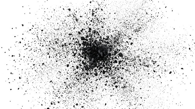 Black charcoal debris exploding into scattered particles and fragments for dramatic texture design use with PNG, Transparent and Black Background Versions