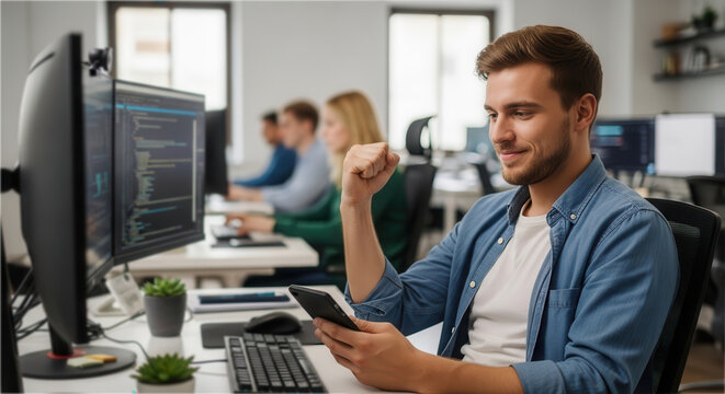 A triumphant young professional developer in a modern office workspace celebrates success by punching the air while reviewing mobile app code on a smartphone, surrounded by dual monitors displaying.