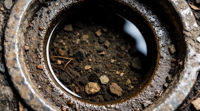 Close view of dirty gully trap showing water seal and debris buildup. Grimy circular opening with rocks, dirt, and grime within plumbing system. Drainage maintenance concept.
