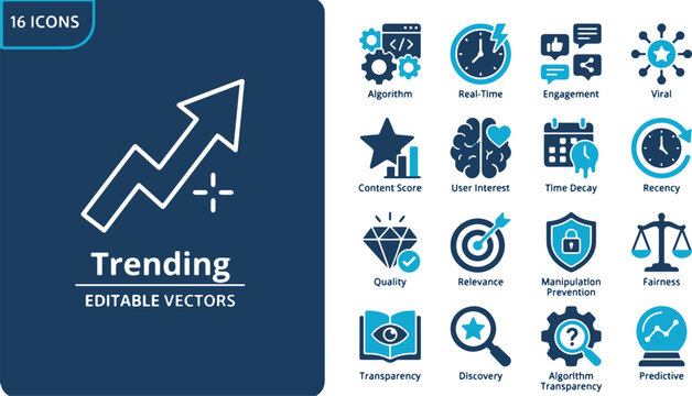 Set of Sixteen Professional Trending Data Analysis and Digital Algorithm Concept Flat Vector Icons