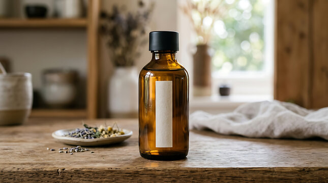Minimalist essential oil bottle mockup on rustic wooden surface with natural herbs