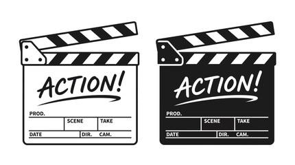 Naklejka premium Two film clapperboards with action text on white background