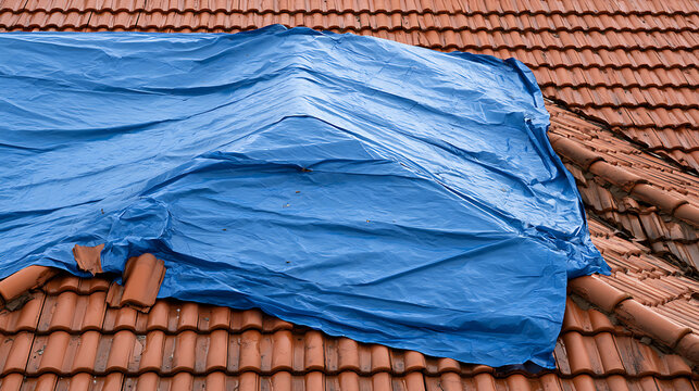 Blue waterproof tarp covering damaged clay tile roof for temporary protection from rain and storm leak on residential house exterior view
