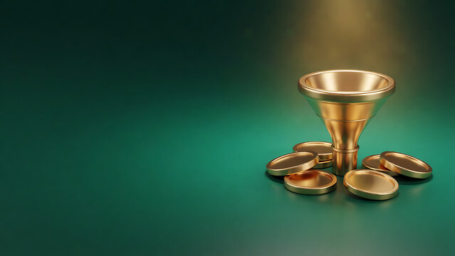 Golden chalice with coins and rings under warm spotlight illumination