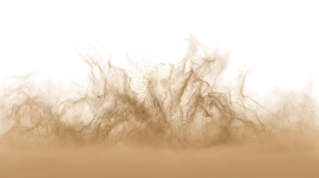 Desert sand dust storm rising with scattered particles from the ground for dramatic environmental design with PNG, Transparent and Black Background Versions