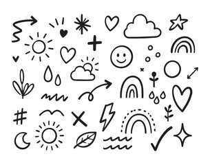 Fototapeta premium Hand drawn doodle outline icon set featuring hearts, stars, clouds, rainbows, sun, moon, leaves, arrows, drops, and playful symbols in casual sketch style for graphic design