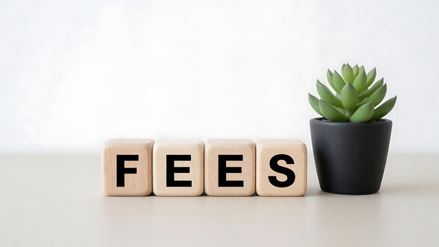 Minimalist wooden blocks spelling FEES with small succulent plant on tabletop