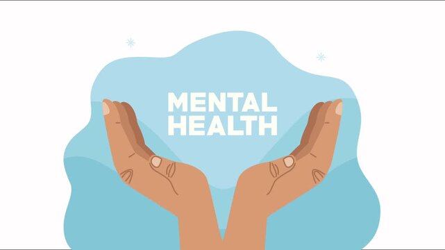 Two hands open up holding the words mental health on a blue wavy background.