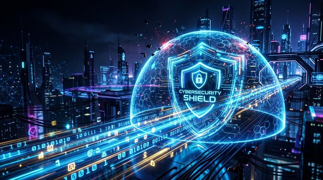 Cybersecurity shield &mdash; glowing digital shield protecting streams of data, dark futuristic background, blue neon accents, copy spac