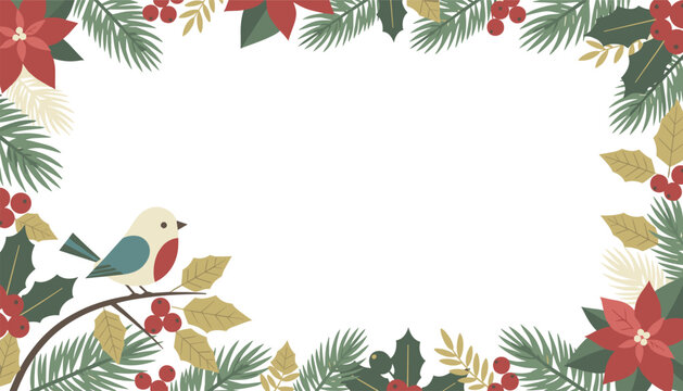Elegant winter frame decorated with festive poinsettias, berries, pine needles, and a cute robin bird, perfect for holiday-themed greeting cards.