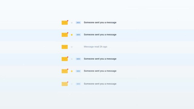 Animated Yellow Email Inbox Notification List Interface with Star Symbol in White Background