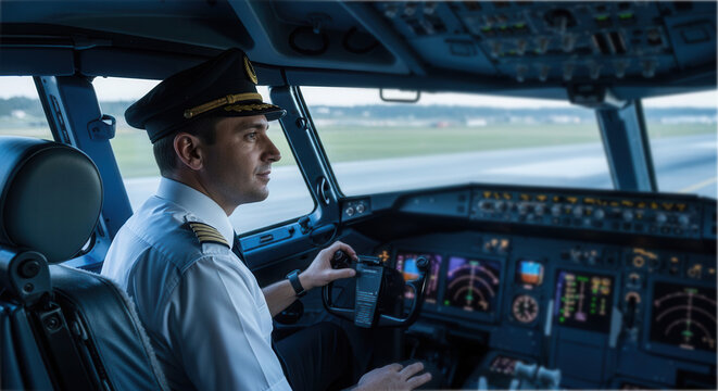 A focused airline pilot in a modern cockpit control panel, intently operating flight instruments during a pre-flight check on a commercial aircraft with a serene airport runway view outside.