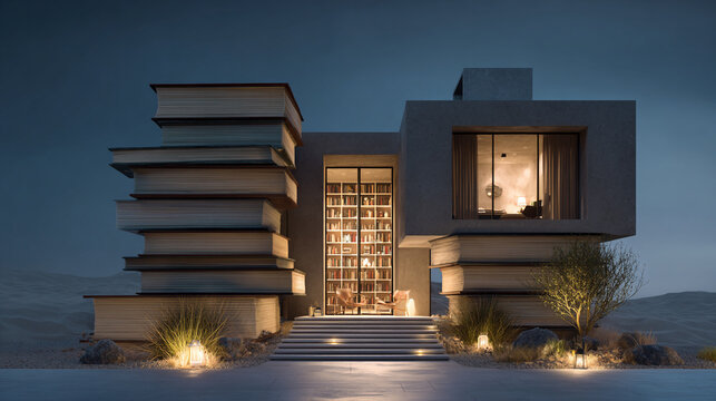 Surreal Architecture House Built with Books at Night
