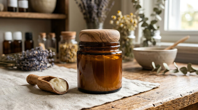 Rustic wooden table showcasing amber honey jar with dried herbs and natural decor