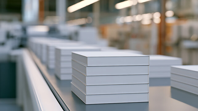 Stacked white books move along a conveyor belt inside a modern printing factory, showcasing automated book production and distribution line