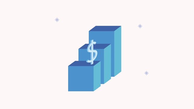 Animated three dimensional blue growth chart bars with dollar sign symbol and sparkling star background animation.