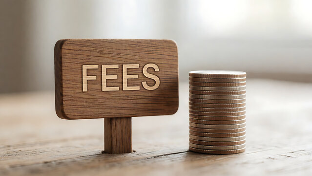 Minimalist wooden sign showing fees with stacked coins on neutral background