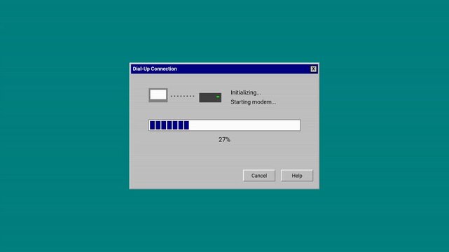 Retro Dial Up Internet Connection with Blue Loading Progress Bar Animation Isolated on Teal Background