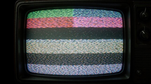 Old television screen shows static noise test pattern with color bars. Analog broadcast interference, fuzzy grainy texture, vintage tech display.