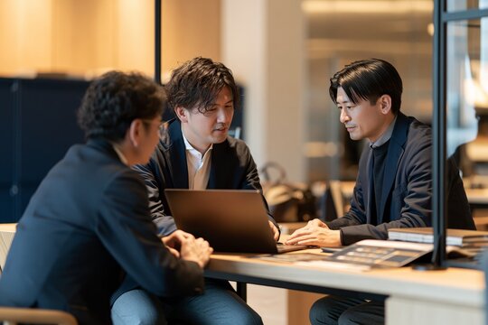 現代的な職場の大きな窓のそばでノートパソコンを確認する日本人男性たち