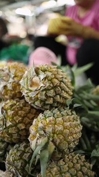 Close-up of fresh ripe whole pineapples stacked on a stall at Xom Moi Market in Nha Trang, Vietnam. Commercial food supply, tropical fruit market and retail trade concept.