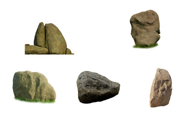 Set of different natural brown mountain rocks and grey stones for landscape design and garden decoration elements isolated on transparent background © Mavric
