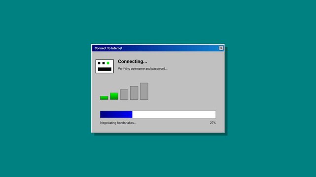 Animated Retro Internet Connection Dialog Box Loading Sequence with Green Signal Indicator on Teal Blue Background