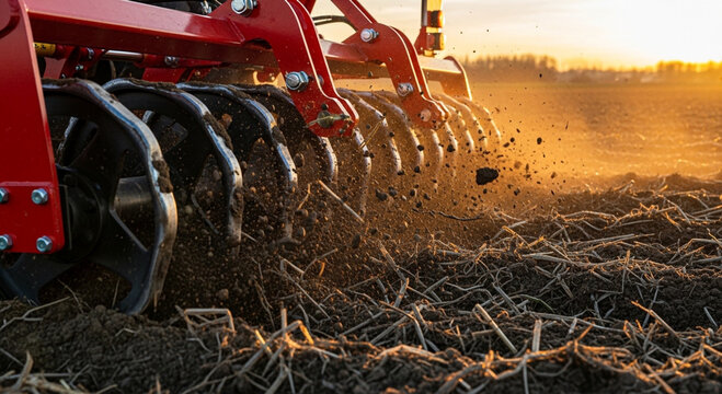The rotary blade on a tractor is used to loosen and cultivate the soil.