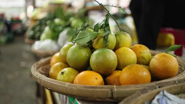 Close-up of fresh ripe oranges and citrus fruits with green leaves displayed in a wicker basket on a stall at Xom Moi Market in Nha Trang, Vietnam. Commercial food supply and retail trade concept.