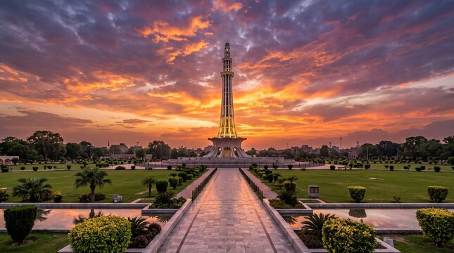 Minar-e-Pakistan Standing Tall in Greater Iqbal Park at Sunset

Majestic View of Minar-e-Pakistan Lahore During Golden Hour

Empty Greater Iqbal Park with Minar-e-Pakistan Under Sunset Sky

Panoramic 