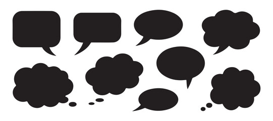 Fototapeta premium Various black speech bubble icons comprising rectangular and cloud shapes for diverse digital communication.