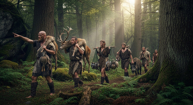 A group of ancient humans walked in the forest while carrying hunted animals such as deer and wild boar.