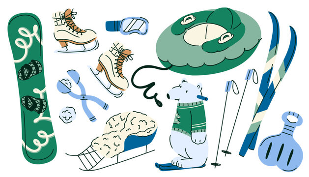 Winter Sports Equipment Collection with Ski, Snowboard, Sled, Skates and Snow Gear for Outdoor Recreation. Vector illustration