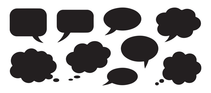 Various black speech bubble icons comprising rectangular and cloud shapes for diverse digital communication.