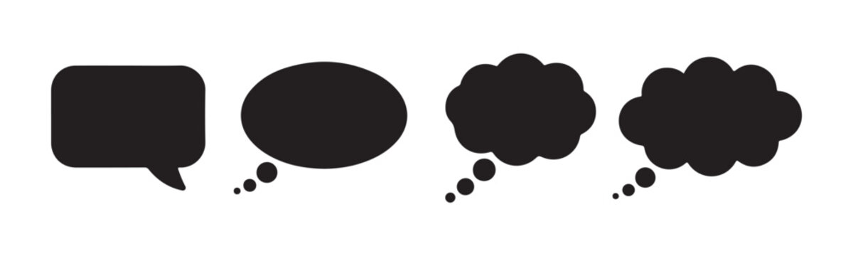 Black speech bubble icon collection featuring rectangular and rounded cloud shapes for digital conversation.