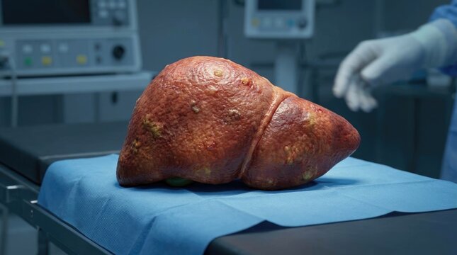Pathologic organ specimen: diseased liver, hepatitis symptom, cirrhosis model, inflammation sign, cellular damage, hepatic tissue, medical research, surgical environment.